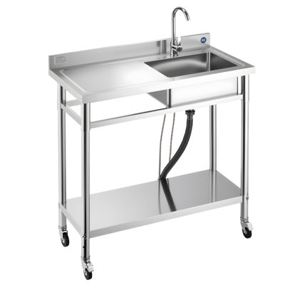Stainless Steel Utility Sink, Rolling Single Bowl Commercial Kitchen Sink with Wheels, Faucet and Hot & Cold Water Pipe, Utility Basin Workbench for Garage Restaurant Laundry 39.4 x 19.7 x 41.5 in