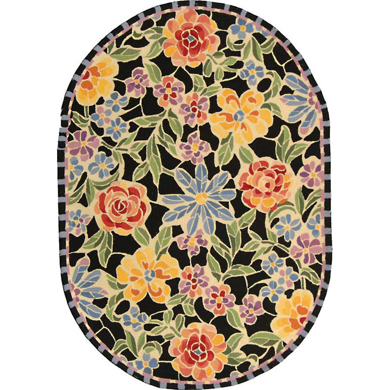 Tapis noir en laine crocheté à la main Hollander, Ovale 7 pi 6 po x 9 pi 6 po