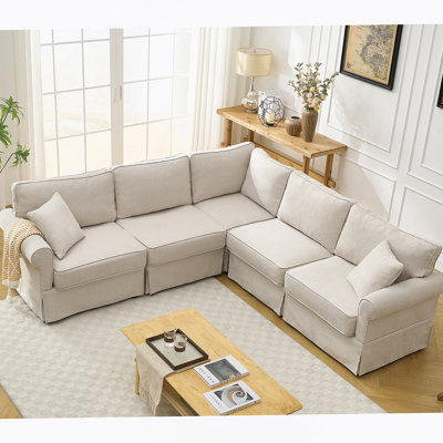 Modular Sectional Sofa Set Convertible L - Shaped 5 - Seat Reversible Rolled Arms Soft Linen