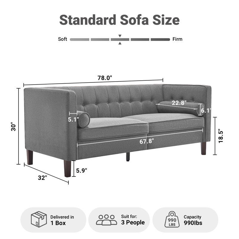 Chelsea 77'' W Mid Century Upholstery Tufted Sofa, Wood Framework, Gray Chenille