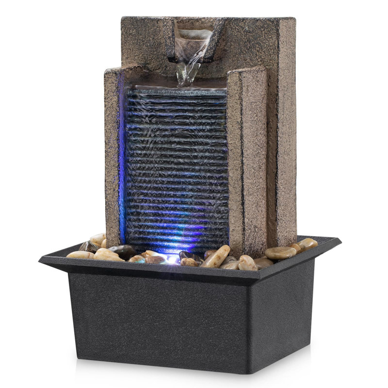 Modern Resin Tabletop Fountain with Colorful Lights and Natural River Rocks