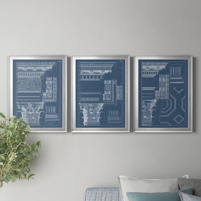 " Column & Cornice Blueprint II " 3 - Pieces, Silver Framed, 42.5" H x 30.5" W x 1" D