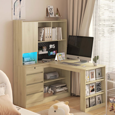Bureau en L, bureau d'ordinateur avec tiroirs, bibliothèque, avec éclairage à DEL, bureau d'angle moderne, bureau à domicile, bureau d'écriture en L, bureau d'ordinateur de coin avec rangement