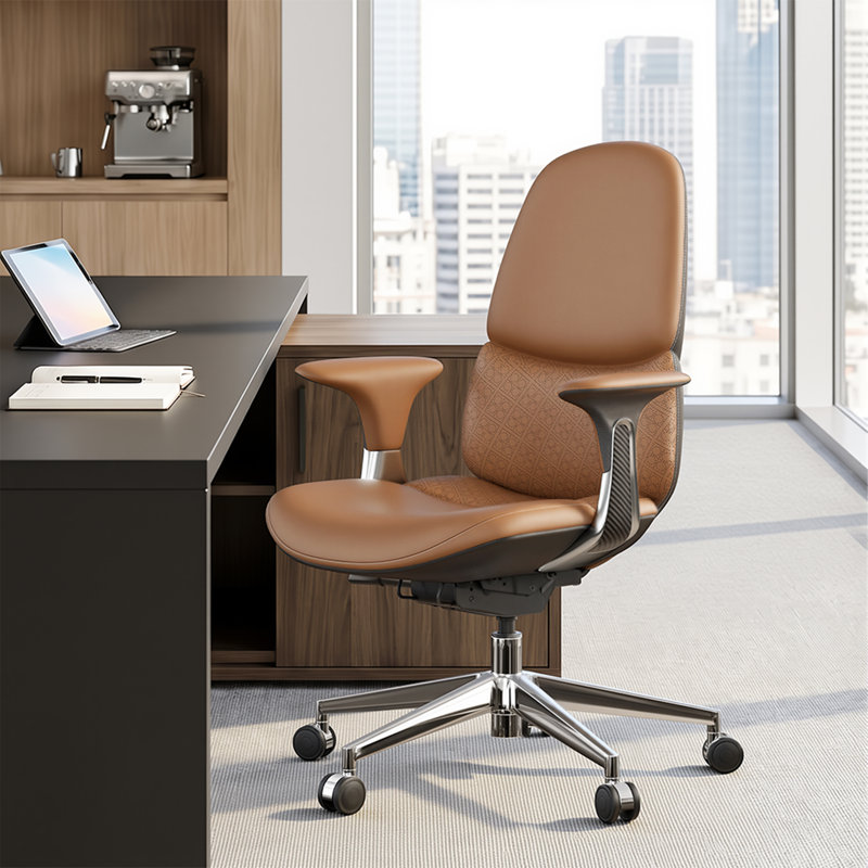 Fauteuil de direction en cuir véritable, fauteuil de bureau pivotant ergonomique à dossier moyen, fauteuil de bureau à haut dossier avec base en alliage d'aluminium poli, hauteur réglable