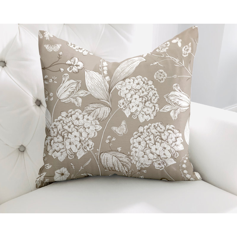 Floral Cotton Reversible Throw Pillow, Beige, 15W" x 15H"