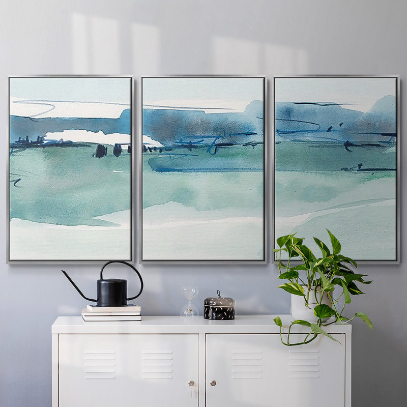 Ultramarine Vista I, ensemble de 3 toiles encadrées sur toile, Encadrement argenté, H 40 po x l 78 po