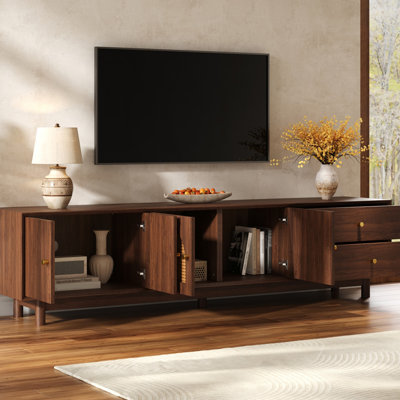 78" Caughfield for 85" TVs, Wood-Grain Media Console with 2 Rattan-Front Doors, 2 Drawers  Storage