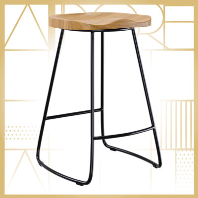 Mason Light Beige Counter Stool with Curved Solid Wood Seat and Black Metal Legs