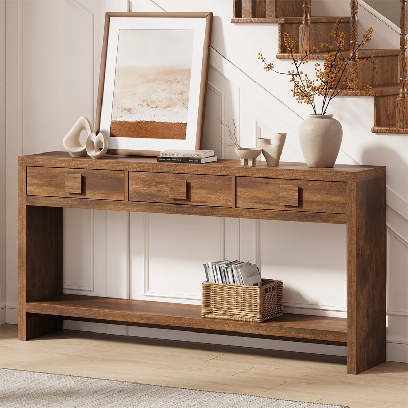 63-Inch Console Table With 3 Drawers, Farmhouse Entryway Table with Drawers For Hallway, Entryway, Living Room, Brown