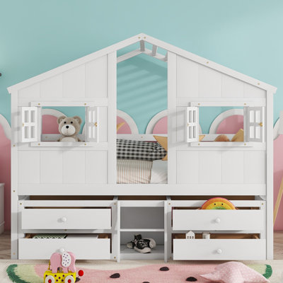 Full Size House Loft Bed with Roof, Windows, 4 Storage Drawers, Pine Wood Bed with Ladder & Safety Rails,White