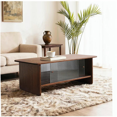 Table basse rectangulaire moderne minimaliste de 47 pouces avec une armoire de rangement avec portes coulissantes en verre, idéale pour les salons, les chambres à coucher et les bureaux, facile à assembler, brun