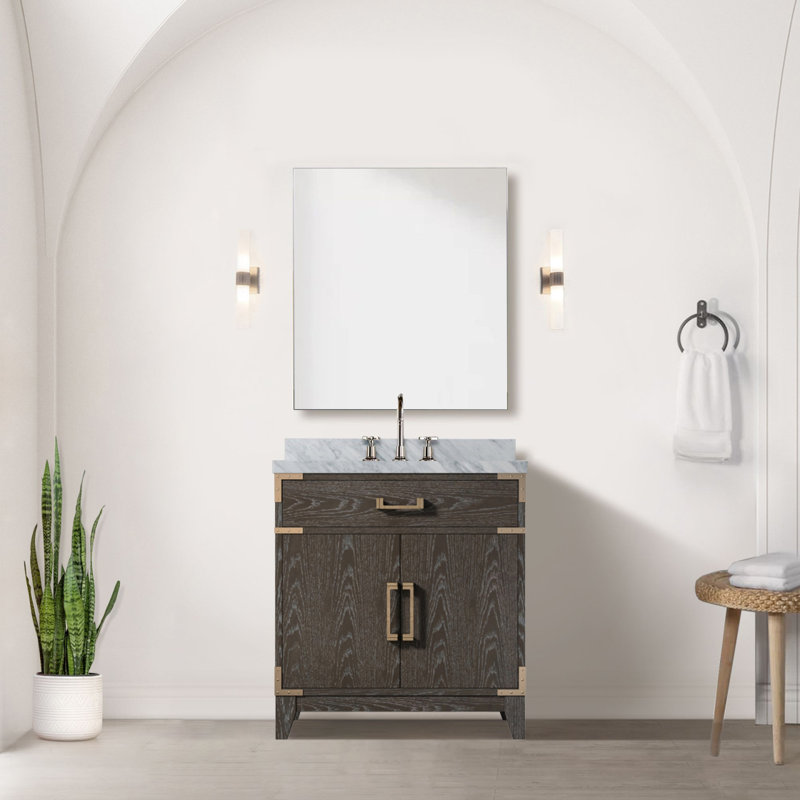 Meuble-lavabo simple en chêne brun 30 po X P 22 po D, avec plateau en marbre de Carrare, Chêne brun