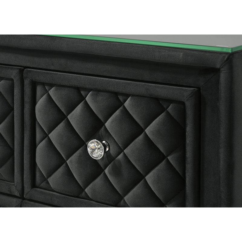 Commode 1 pièce en velours noir à neuf tiroirs avec accents touffetés au diamant et boutons en faux cristal