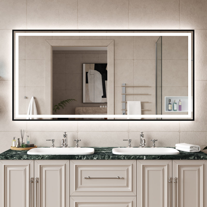 72" x 36" Frontlit & Backlit Anti-Fog Tempered Glass Framed Bathroom/Vanity Mirror, Black