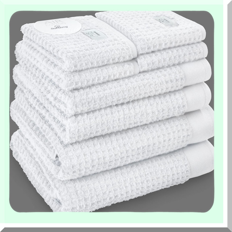 UltraSoft Waffle Weave Bath Towel Set - 100% Cotton, Extra Absorbent, Luxury Spa Quality, Fade Resistant, Eco-Friendly, White, Set of 8