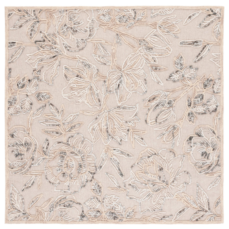 Tapis floral beige / gris en laine / coton touffeté à la main Trace, Carré 6 pi