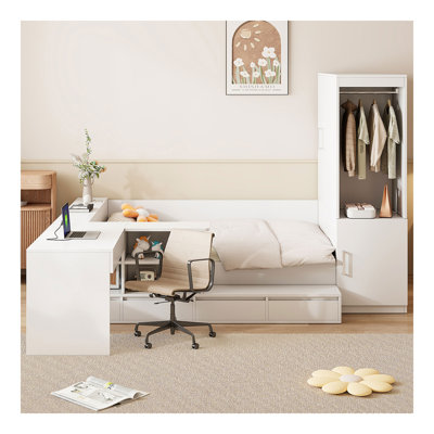 Lit plateforme double en bois avec 6 tiroirs, tablettes, bureau et garde-robe, blanc