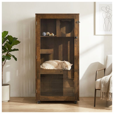Basia Indoor Rubber Wood Cat Cabinet with Wheels, Ventilated Multi-Level Cat Condo with Lockable Door, Brown Oak Finish