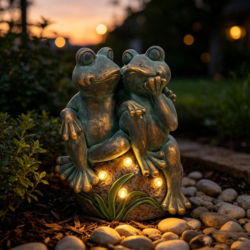Sculpture fantaisiste représentant un couple de grenouilles enlacées, avec éclairage solaire d'ambiance, en oxyde de magnésium à patine bronze, décoration extérieure pour terrasse et jardin.