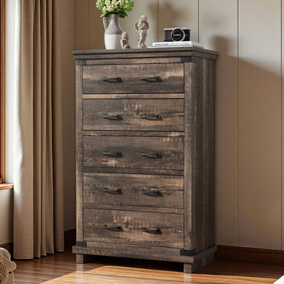 Quan Farmhouse 48" H 5 Drawers Dresser with Ample Storage Space, Dark Oak