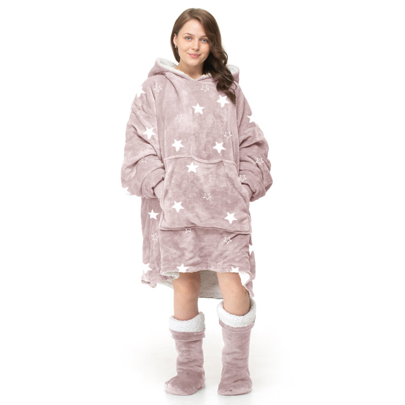 Abhaki Junior Snug Oversize Fun Print Hoodie Blanket Thermal Cosy With Pocket, Pink