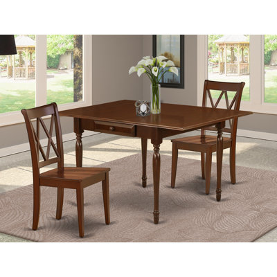 3 Piece Kitchen Table Set for Small Spaces Contains a Rectangle Dining Room Table with Dropleaf and 2 Solid Wood Seat Chairs, Mahogany