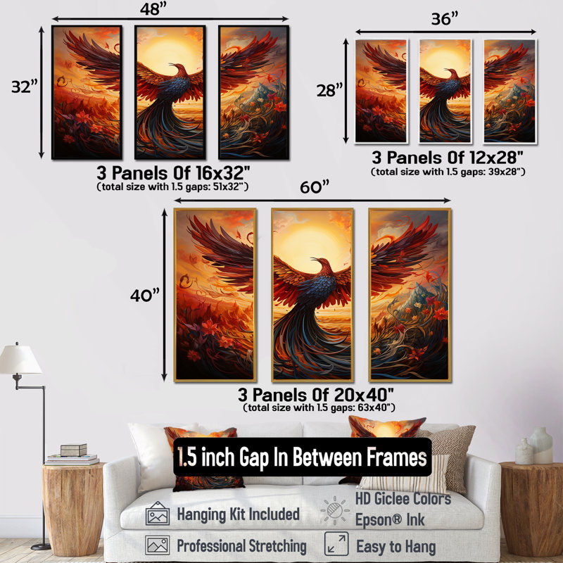 Art mural, résilience, renaissance du Phénix II, H 28 po x l 36 po, Cadre flottant noir