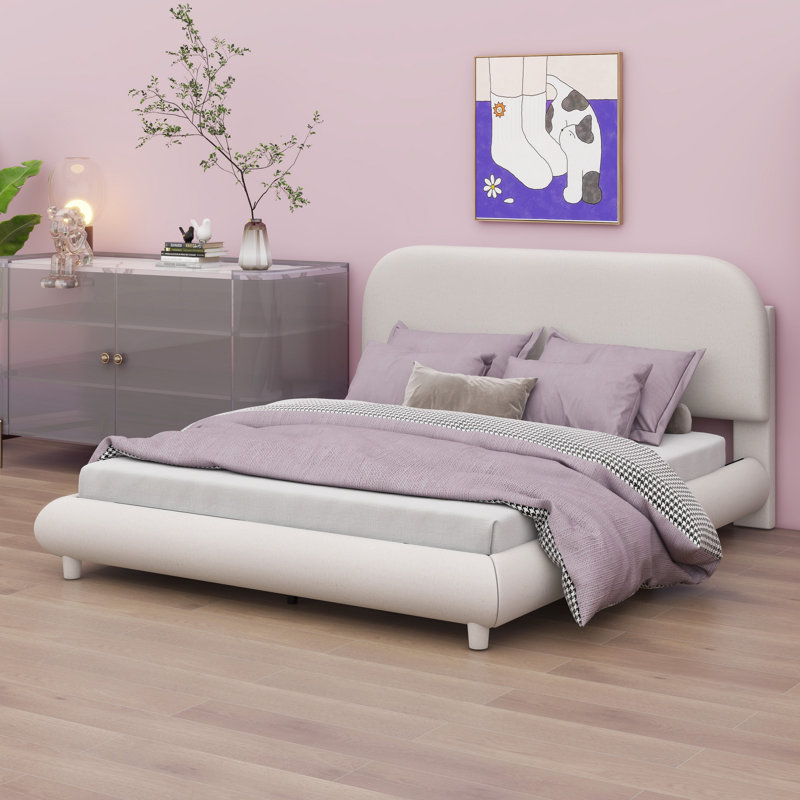 Lit plateforme tapissier avec tissu épais, structure solide et design courbé élégant, Beige