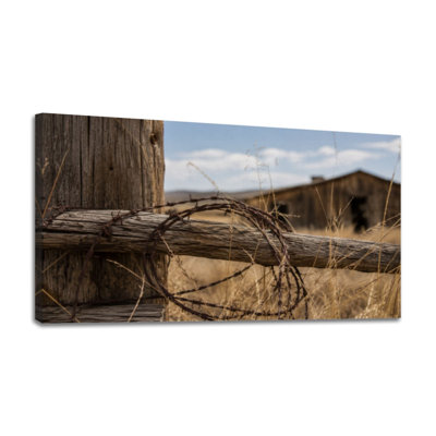 Canvas Wall Art old barbed wire hanging fence ranchs pictures Wall Decor for Living Room Bathroom Bedroom Office 24"H x 48"W Art Paintings, Ready to Hang
