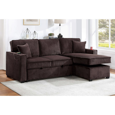 Canapé d'angle convertible contemporain pour salon avec porte-gobelet, rangement, méridienne réversible en tissu chocolat 2 places et coussins assortis