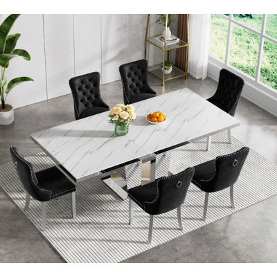 Faux Marble Dining Table Set, 62.99"-94.5" Extendable Dining Table & Black Tufted Velvet Chairs, Modern Mirrored Kitchen Dining Room Table and Chairs Set