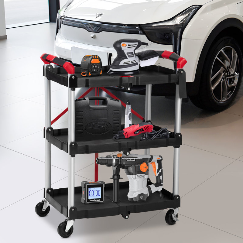 Chariot utilitaire roulant pliable à 3 niveaux - robuste, sans assemblage, 56 lb par tablette, roues verrouillables, chariot de rangement pliable