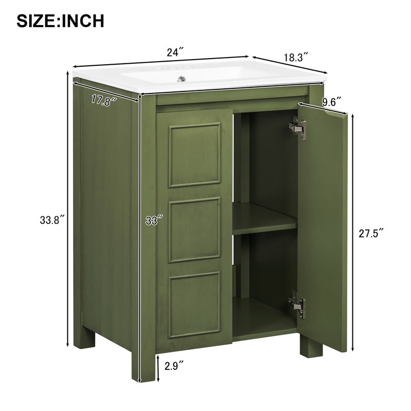 Vintage Style 24-Inch Small Bathroom Vanity Cabinet With Ceramic Sink, 2 Soft-Close Hinges, Adjustable Shelving 24" Rectangular Solid Wood Frame, Side Panels, Function