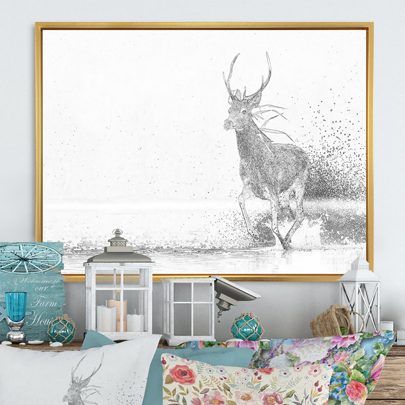 Cerf noir et blanc croquis - reproduction de cadre flottant sur toile, H 24 po x l 36 po x P 1 po, Cadre flottant doré