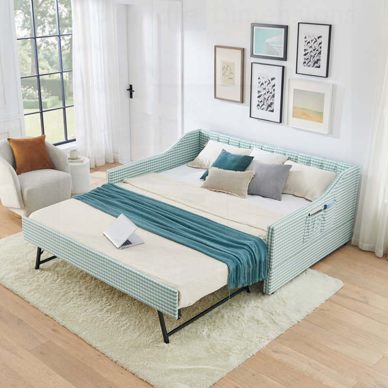 Upholstered Convertible Daybed with Tufted Button Backrest, 3-in-1 Versatile Sofa Bed with Pull-Out Trundle & Side Storage, Perfect for Compact Living