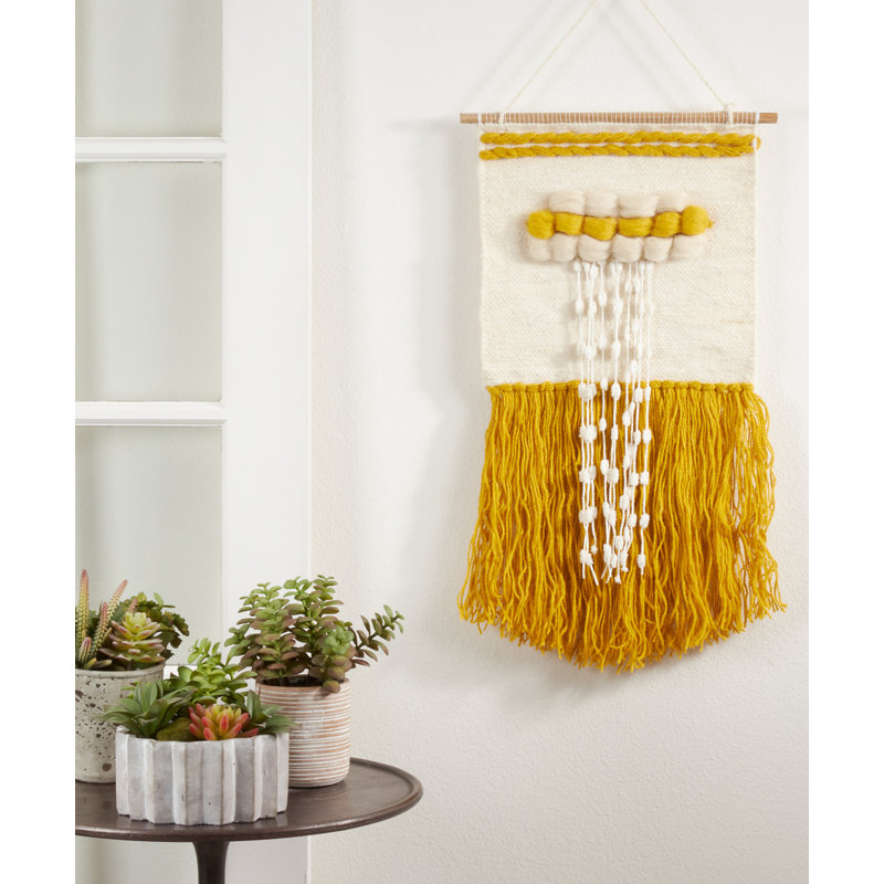 Yellow and White Braided Woven Wall Hanging with Fringe