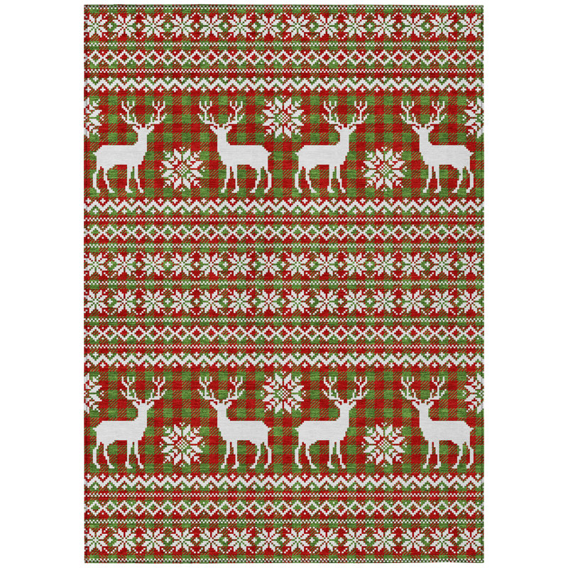 Machine Washable Indoor/Outdoor Christmas Reindeers Xhevrie Fern Rug, Rectangle 8' x 10'