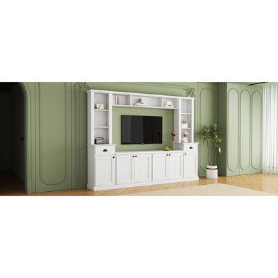 Meuble audio-vidéo tendance avec pont supérieur réglable et grand rangement pour téléviseur de 75 po, console contemporaine blanche, généreuse