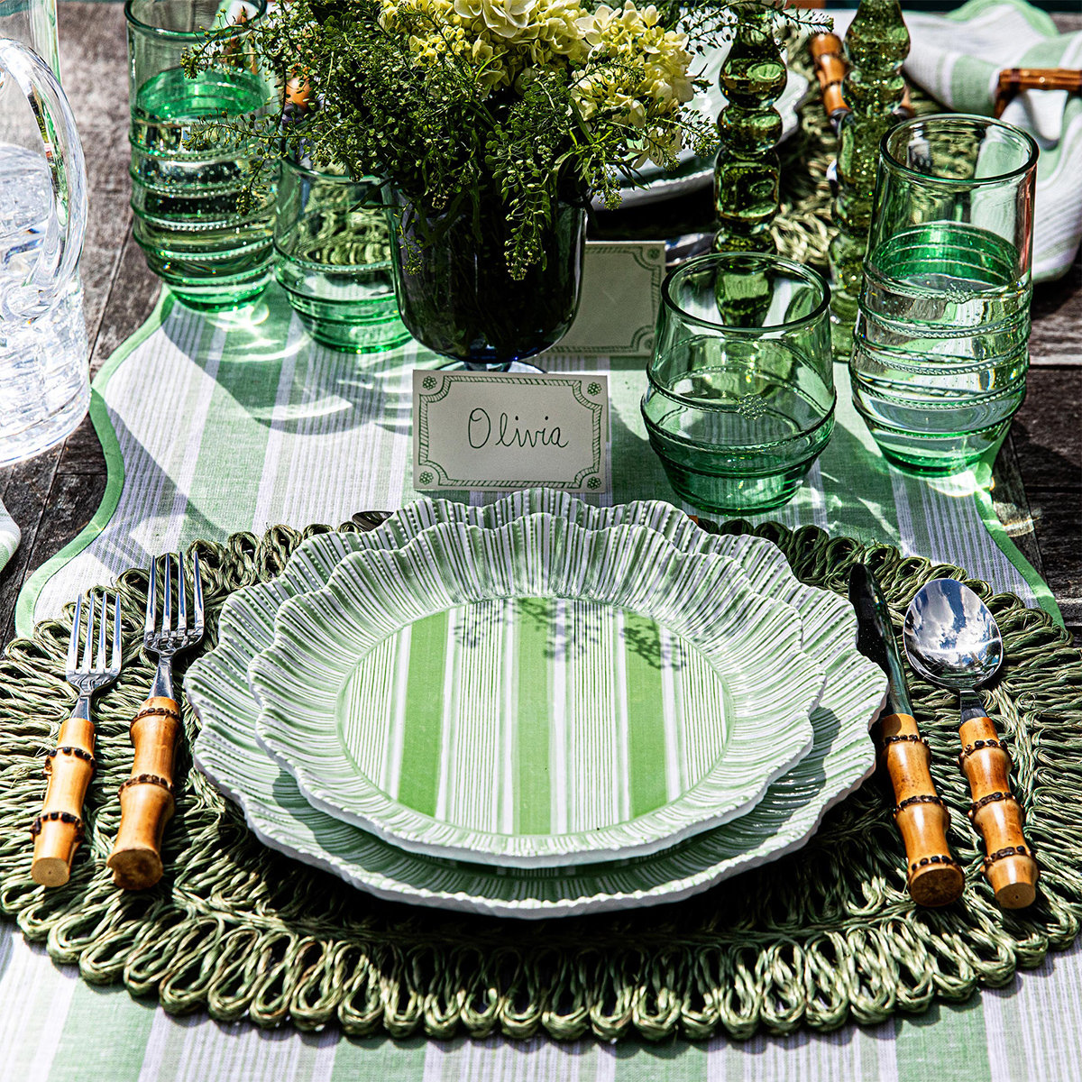 Cabana Stripe Melamine Dinner Plates, Seagrass