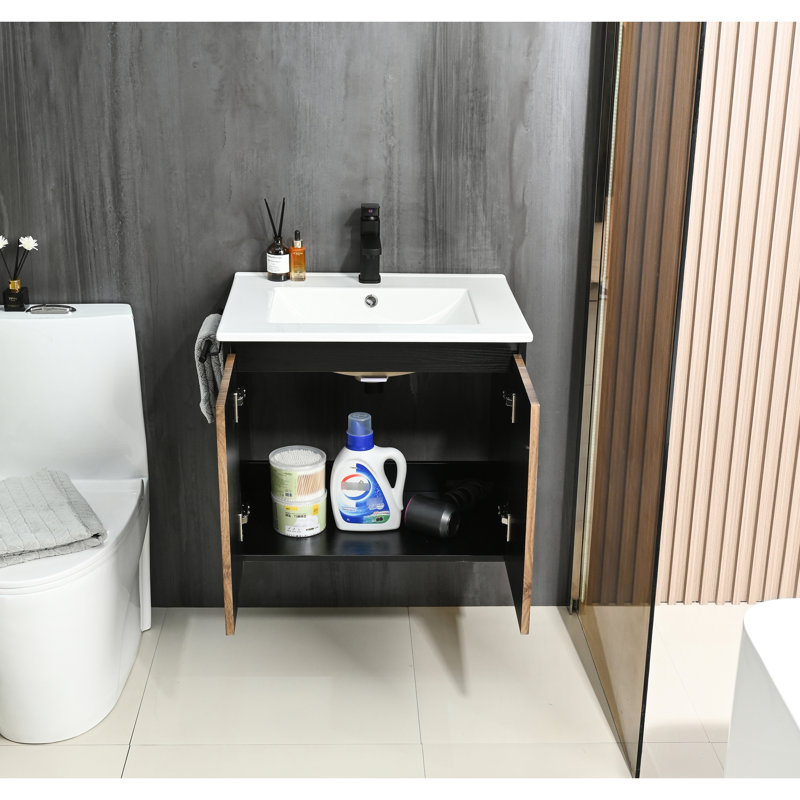 Meuble-lavabo mural de 24 po avec rangement flottant et porte-serviettes noir, base solide, charnières à fermeture en douceur, lavabo en céramique à un trou, design contemporain, grand