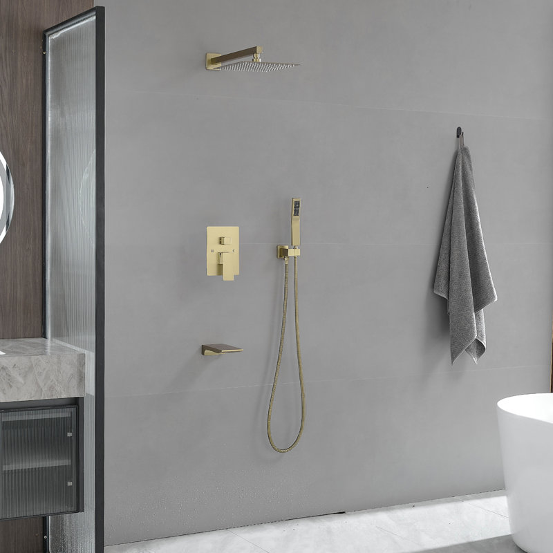 Single Handle 1-Spray Tub And 12 In. Shower Faucet 2.5 GPM With High Pressure (Valve Included), Brushed Gold