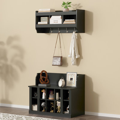 Shoe Storage Bench With Shelves And 4 Hooks, Elegant Hall Tree With Wall Mounted Coat Rack, Entryway Organizer For Hallway, Foyer, Mudroom