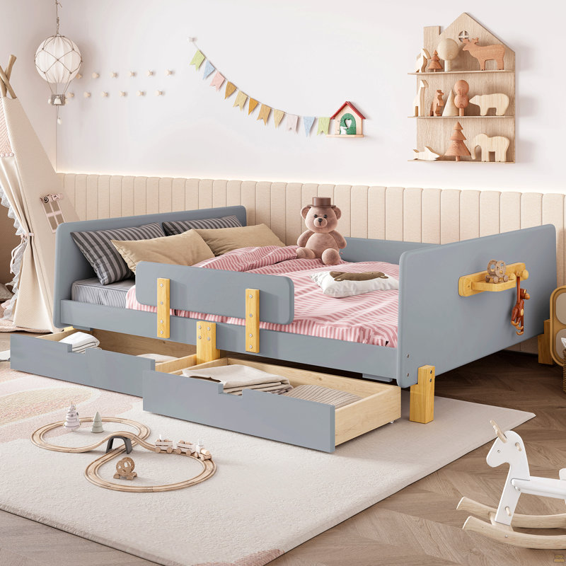Lit plateforme double avec tiroirs de rangement, structure de lit en bois massif avec garde-corps, Gris, Lit double