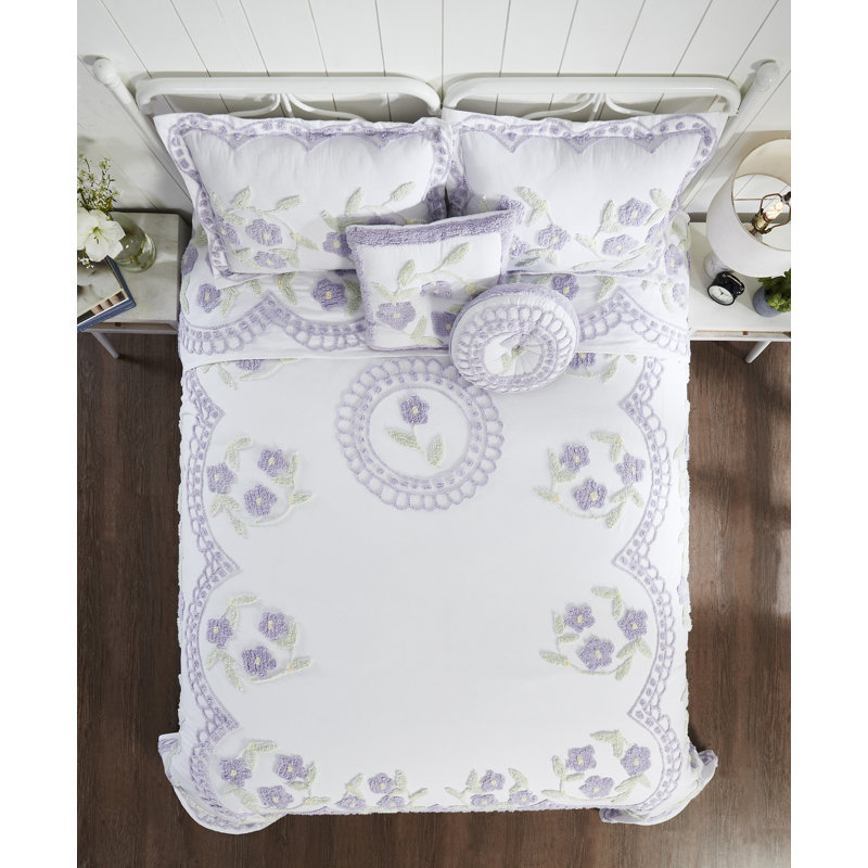 Lavender Floral Cotton Chenille Tufted Twin Bedspread
