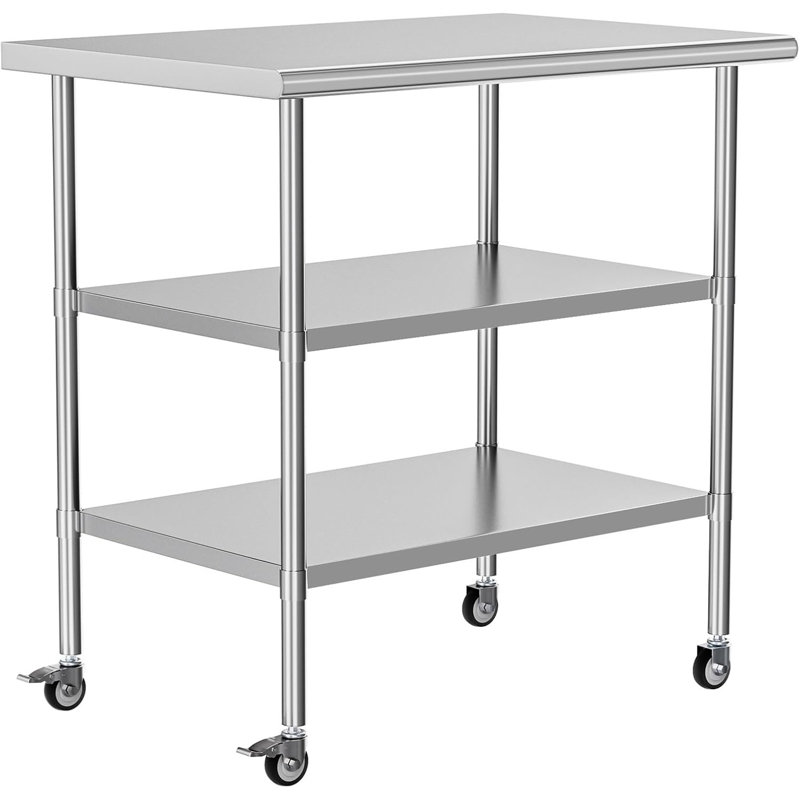 Table de travail en acier inoxydable avec roulettes 24 x 36 pouces Table de préparation des aliments en métal avec 2 tablettes réglables pour la cuisine commerciale, l'extérieur