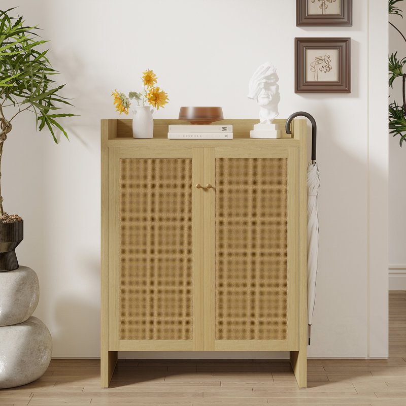 Armoire à chaussures en rotin avec portes et tablettes réglables, Naturel