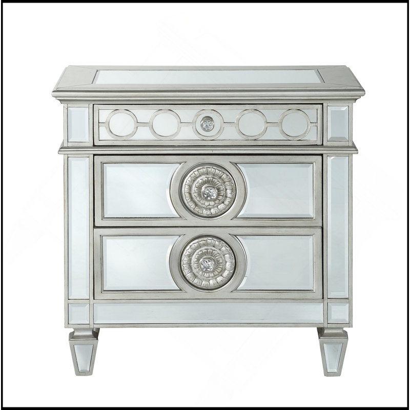 Table de chevet à finition miroir avec 2 tiroirs Glam, Clair