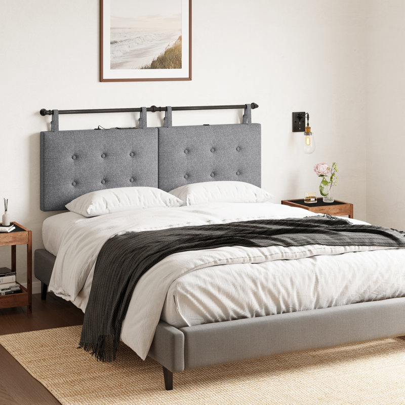 Tête de lit Dahianna avec ports USB pour grand lit, tête de lit tapissier à fixation murale, tête de lit gris, gris, Grand