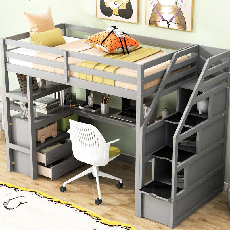 Lit mezzanine simple avec bureau, espace de rangement et tablettes en gris, cadre robuste, Gris, Lit simple