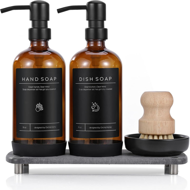 Ensemble de distributeur de savon de cuisine, bouteille ambrée + pompe noire